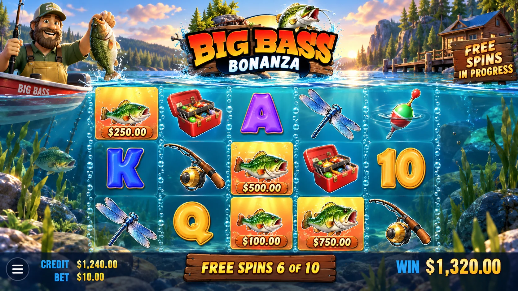 Big Bass Bonanza slot gameplay with fishing symbols