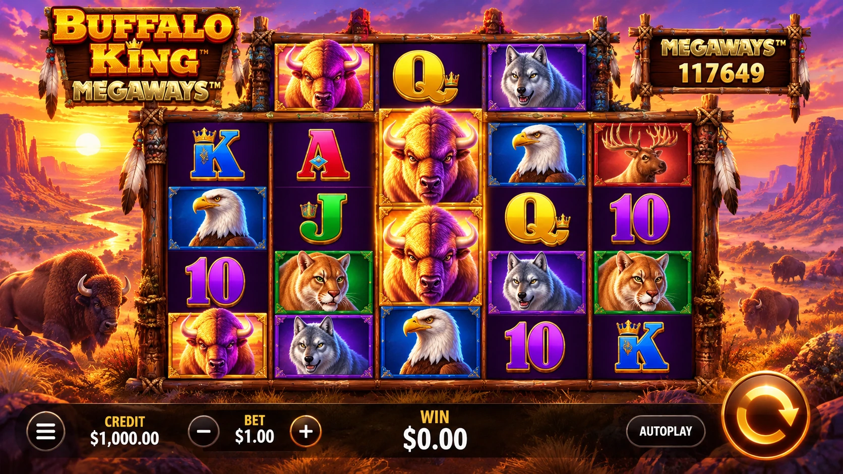 Buffalo King Megaways game screen with prairie animals and up to 200,704 ways to win