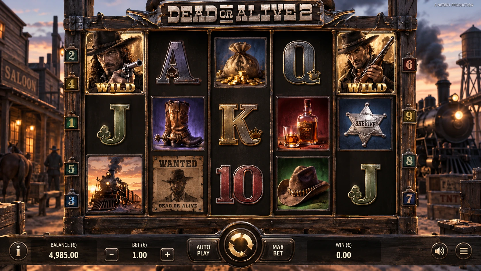 Dead or Alive 2 NetEnt Western-themed slot gameplay with nine paylines