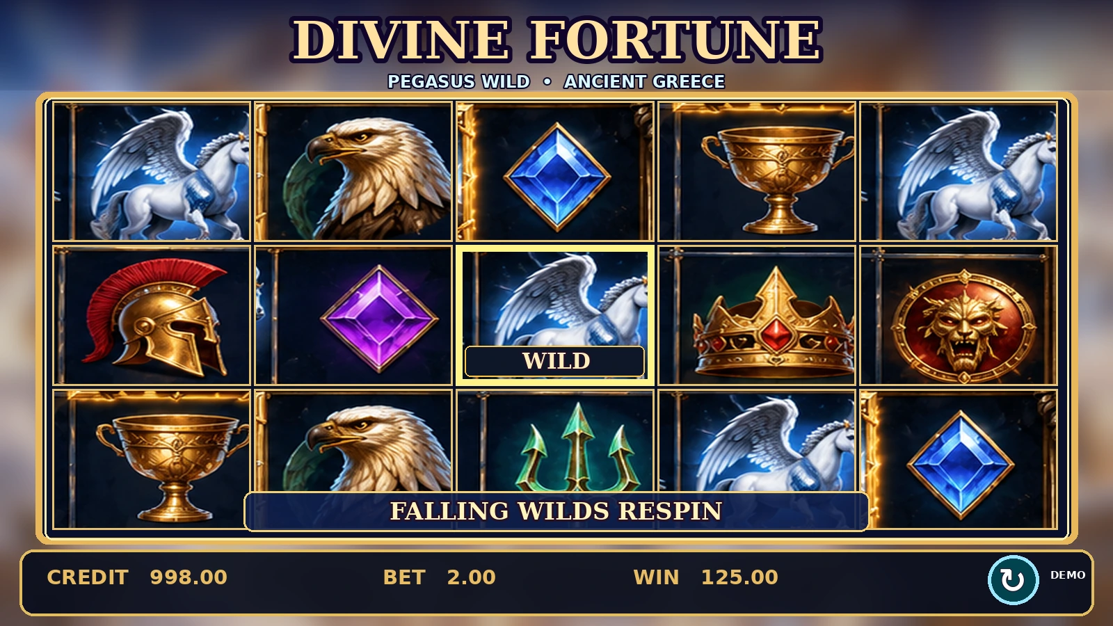 Divine Fortune Pegasus Falling Wilds feature and wild re-spins