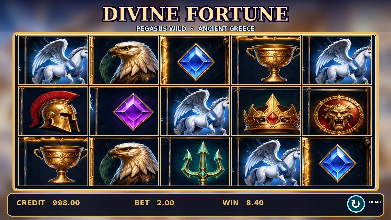 Divine Fortune NetEnt slot gameplay with Pegasus and mythical Greek symbols