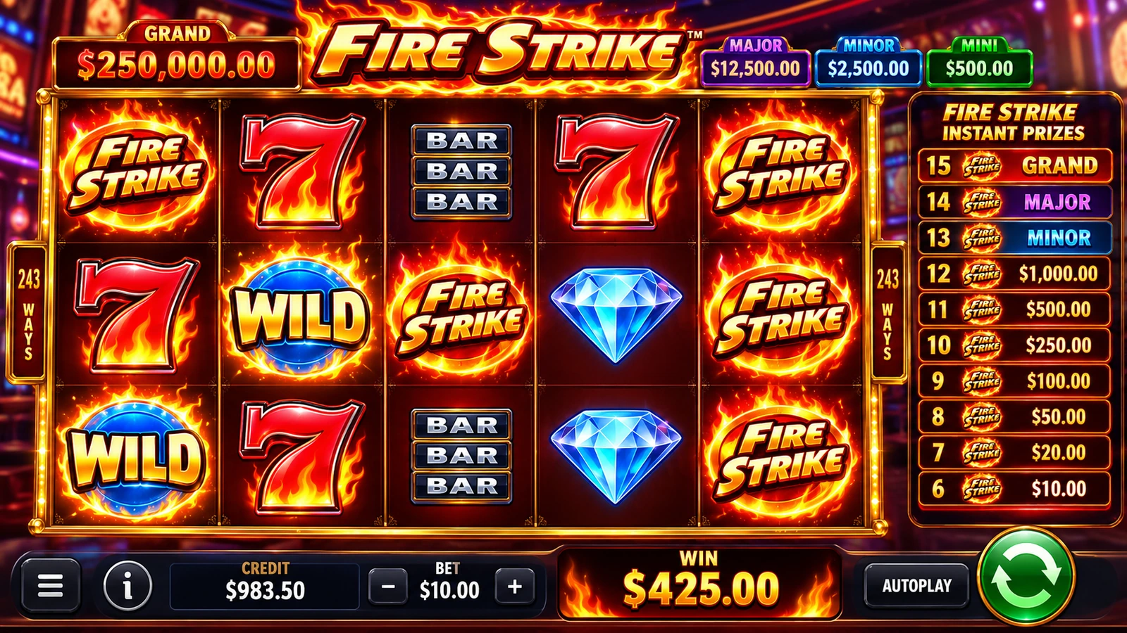 Fire Strike instant prize ladder for six to fifteen special symbols