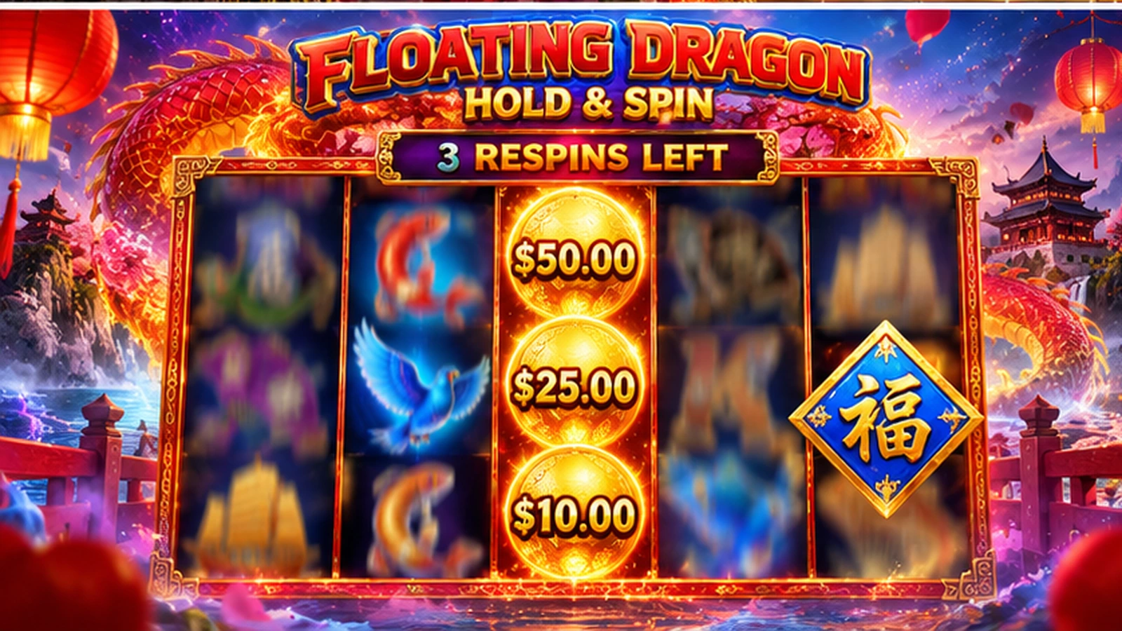 Floating Dragon Hold and Spin respins with money coins and diamond symbol