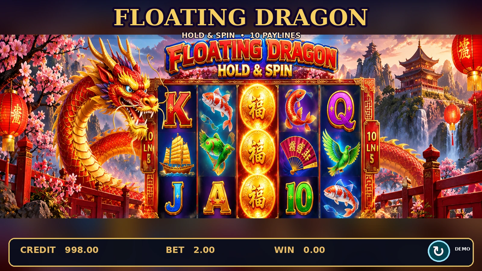 Floating Dragon slot gameplay with golden coins, Chinese dragon and fish symbols