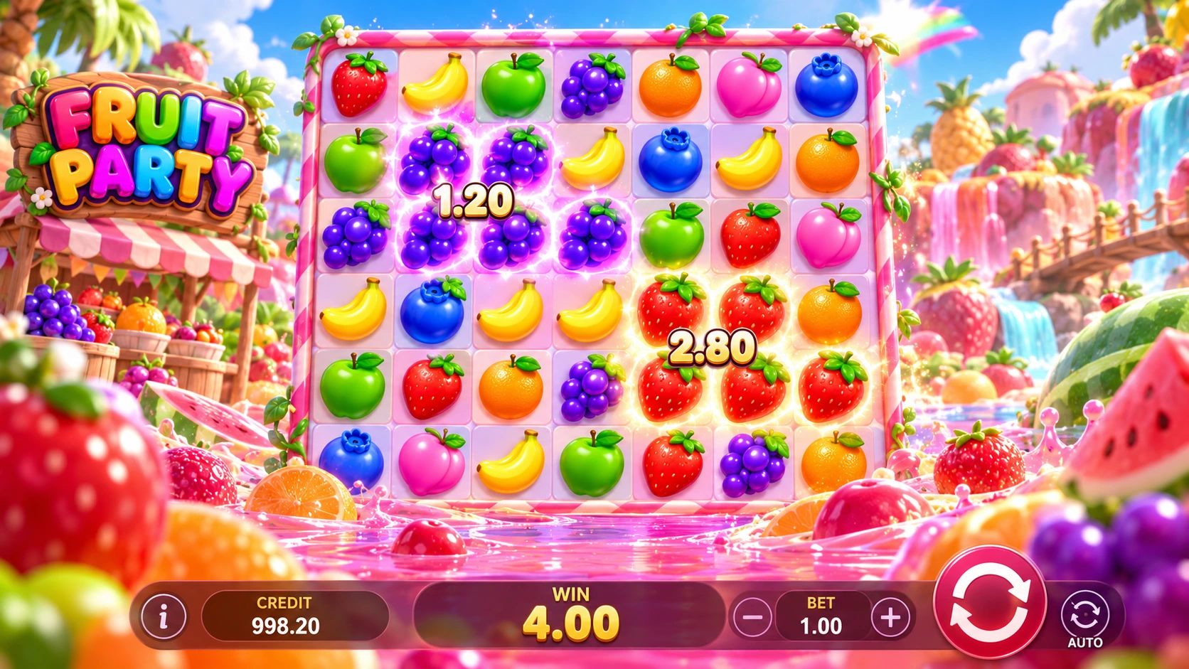 Fruit Party winning fruit clusters with stacking multipliers up to 256x