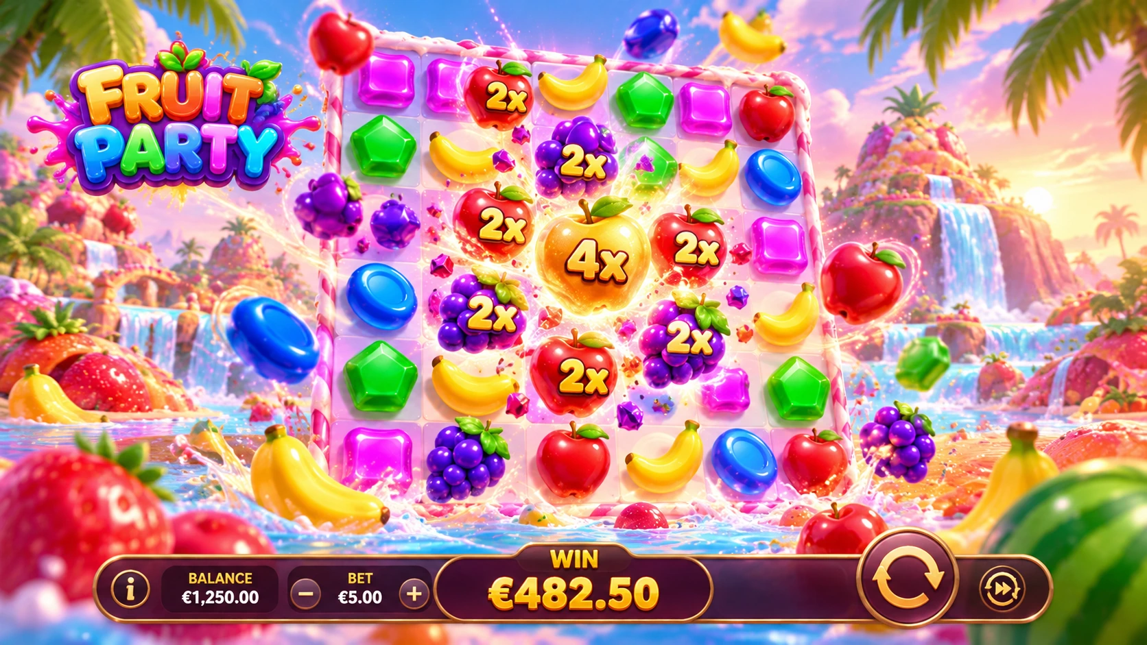 Fruit Party Pragmatic Play game on a 7x7 fruit cluster grid