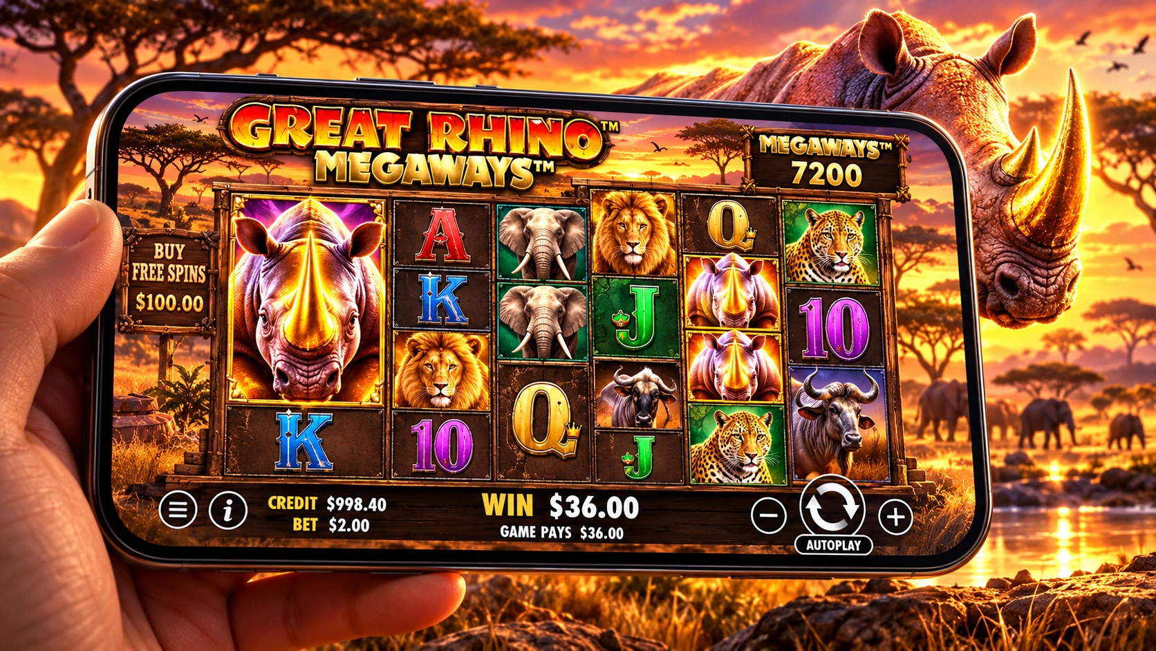 Great Rhino Megaways gameplay on a mobile screen