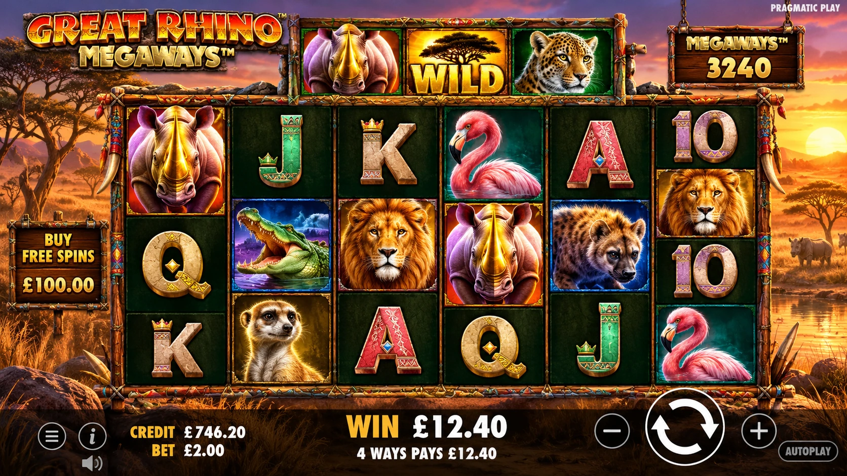 Great Rhino Megaways slot game with African savanna scenery and Megaways reels