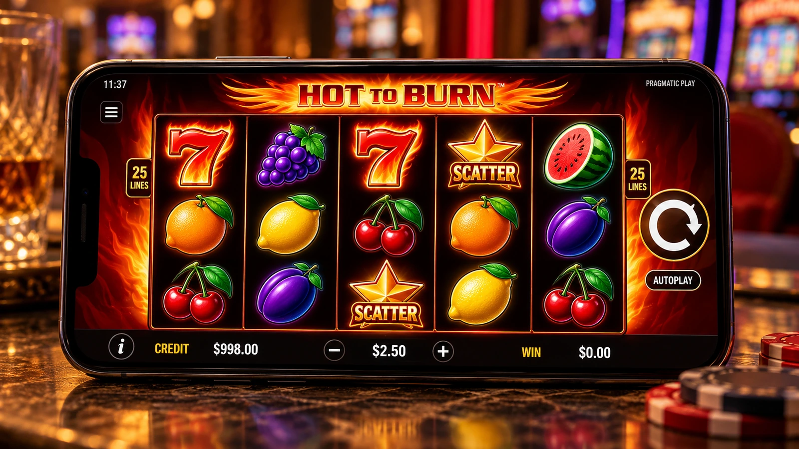 Hot to Burn classic fruit slot displayed on a mobile phone