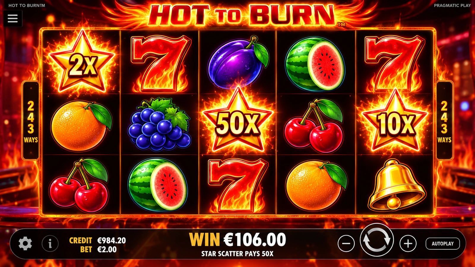 Hot to Burn star scatter payout for three four and five star symbols