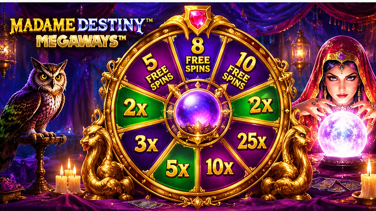 Madame Destiny Megaways bonus wheel awarding free spins and multipliers