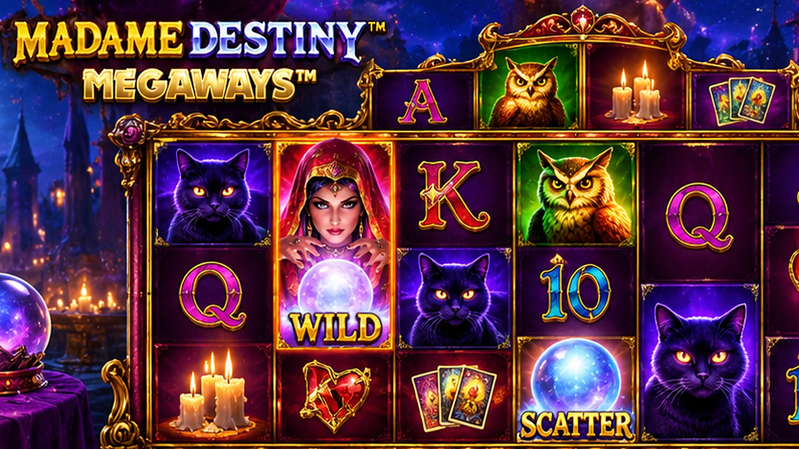 Madame Destiny Megaways slot gameplay with mystical fortune-teller and Megaways reels