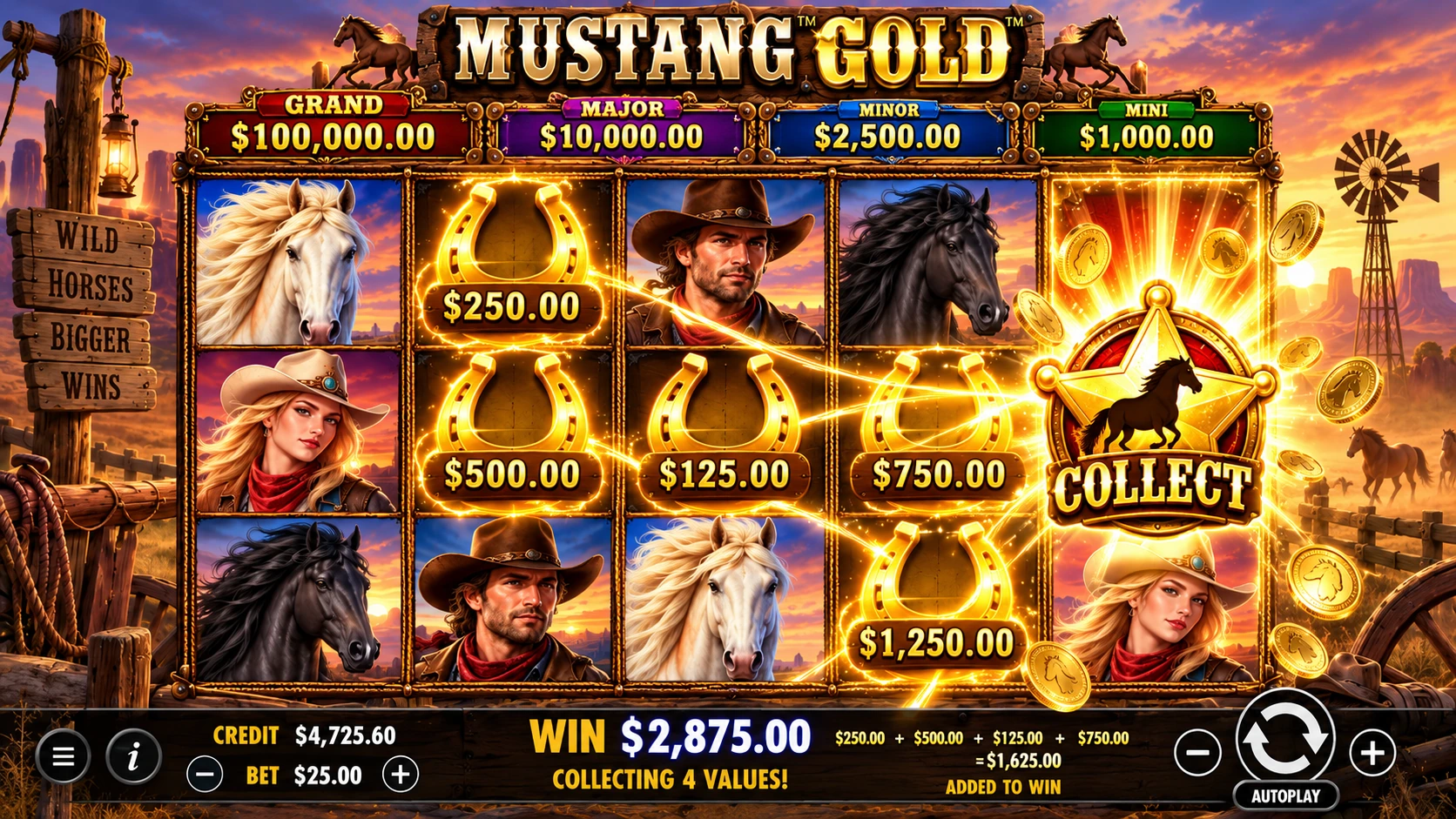 Mustang Gold horseshoe collection and jackpot bonus gameplay