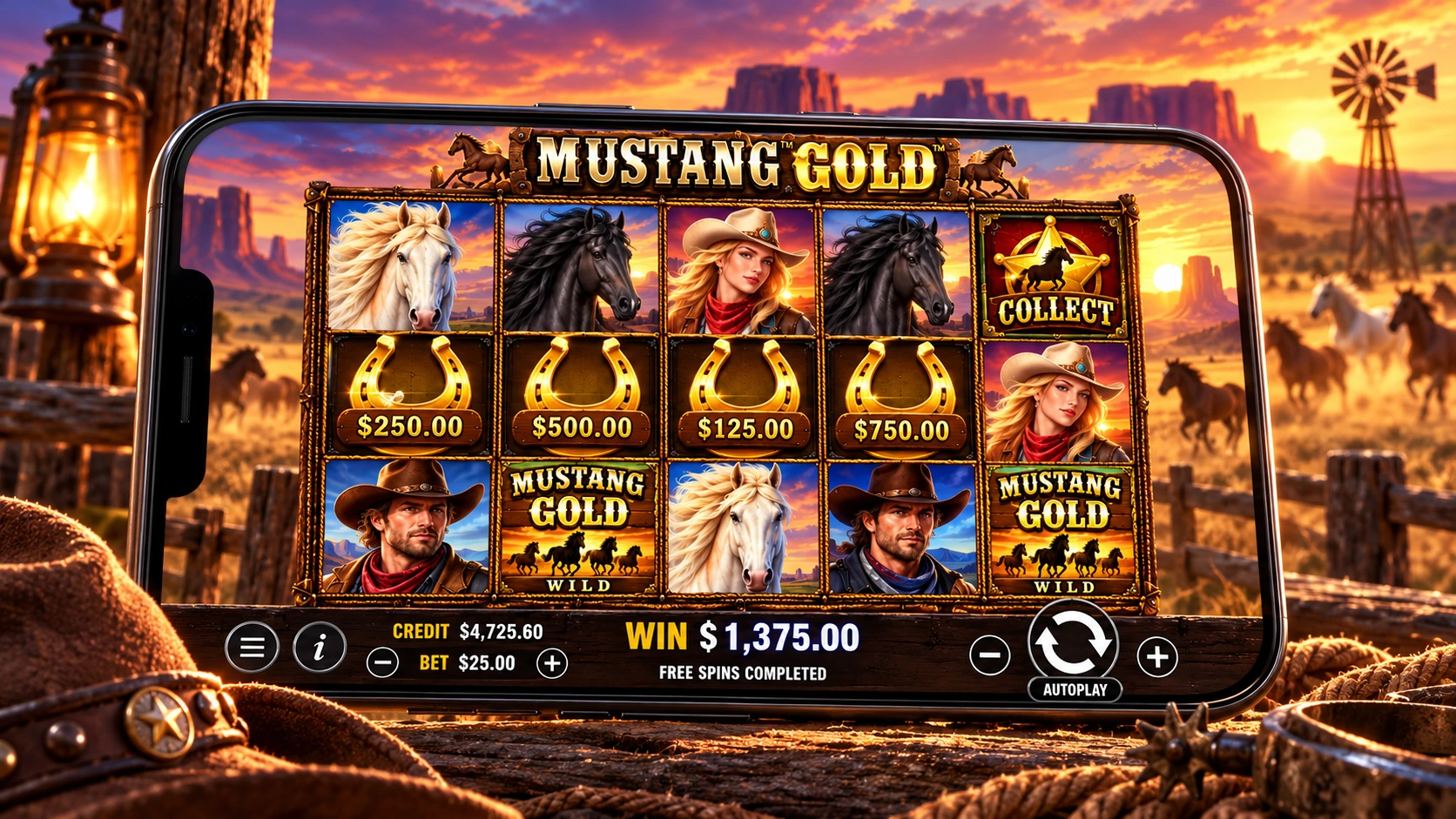 Mustang Gold slot gameplay on a mobile screen