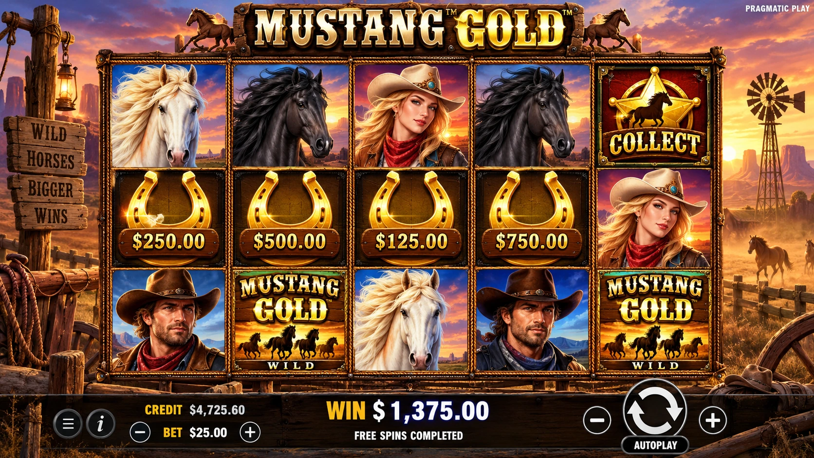 Mustang Gold slot game with mustangs and prairie reels