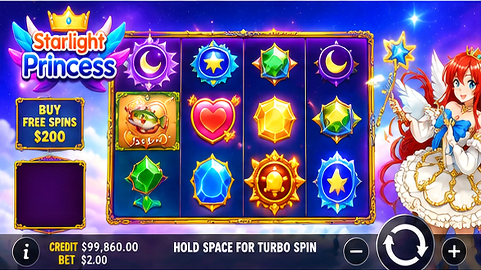 Starlight Princess Pragmatic Play slot gameplay with the princess and 6x5 grid