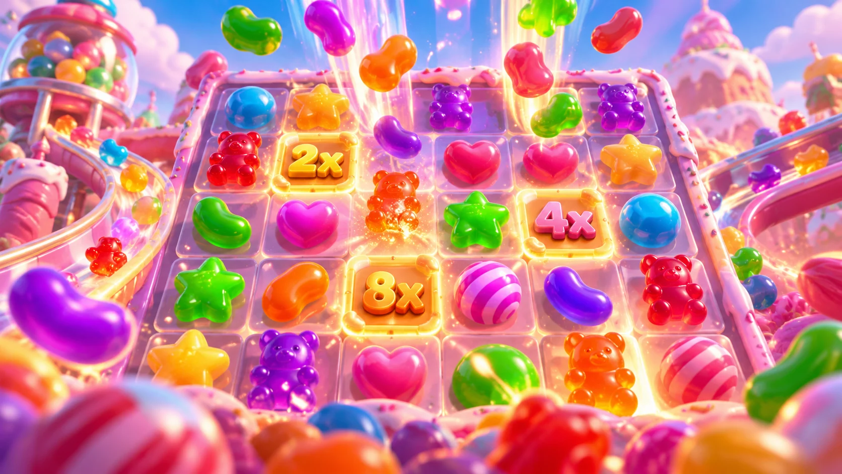 Sugar Rush multiplier spots doubling on candy winning squares up to x128