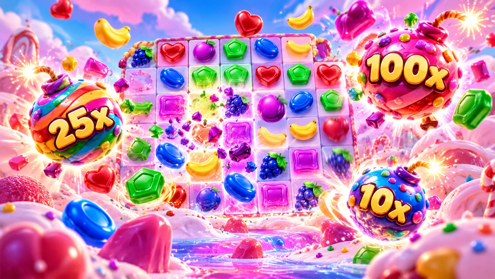 Sweet Bonanza multiplier candy bombs during free spins, 2x to 100x