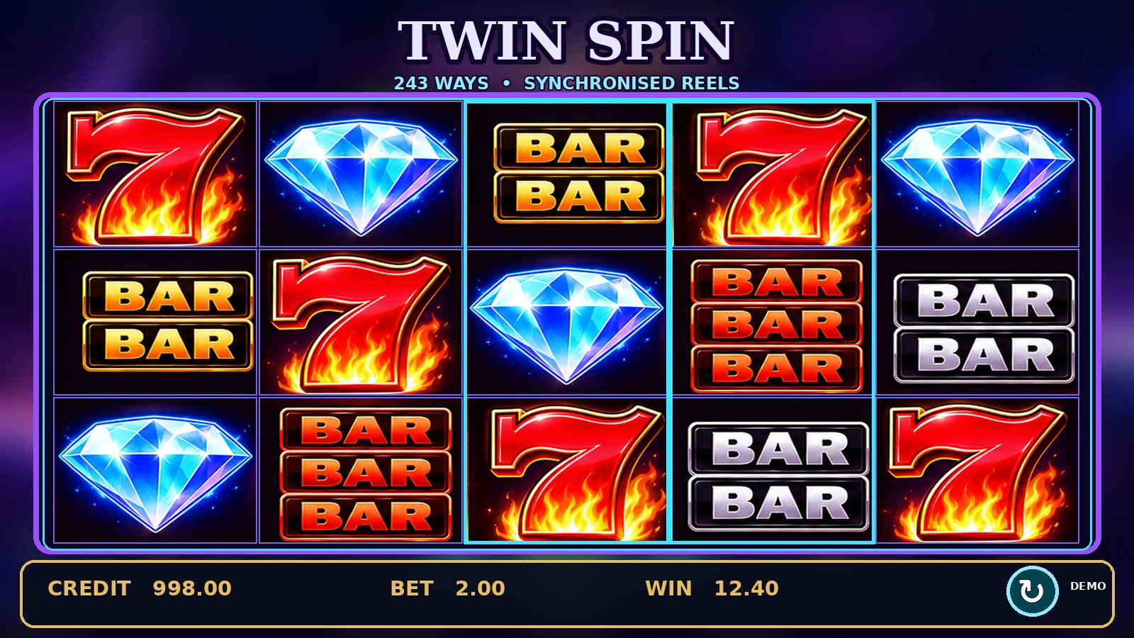 Twin Spin NetEnt slot gameplay with neon symbols and five reels