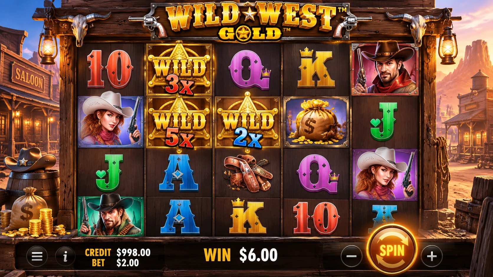 Wild West Gold slot gameplay showing Sheriff Wilds on the reels