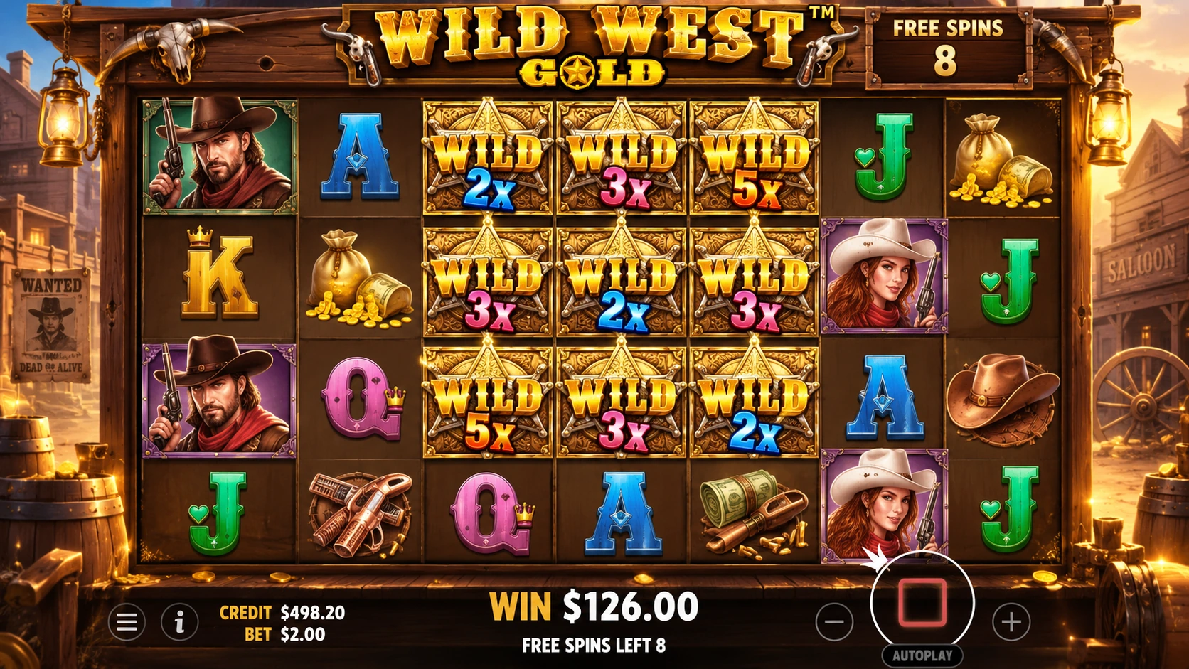 Wild West Gold Sticky Wilds and sheriff multipliers during free spins