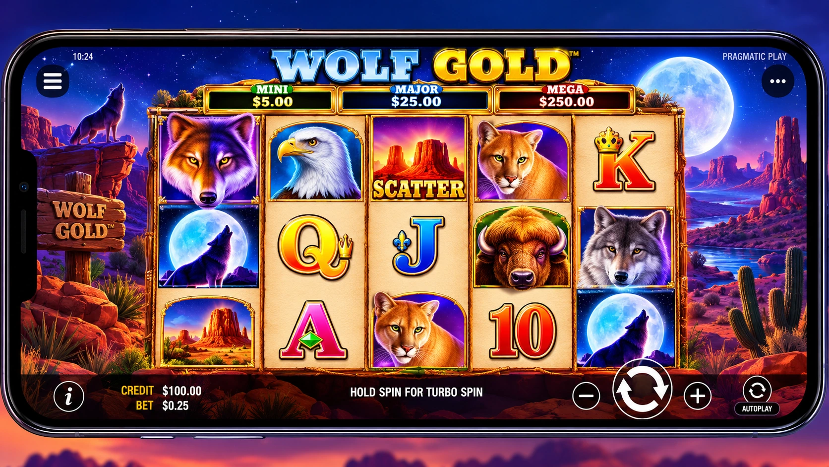 Wolf Gold slot game on a mobile phone